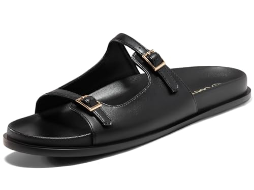 Coutgo Womens Flat Sandals Comfortable Wide Width Slides Double Strap Adjustable Buckle Slip on Shoes