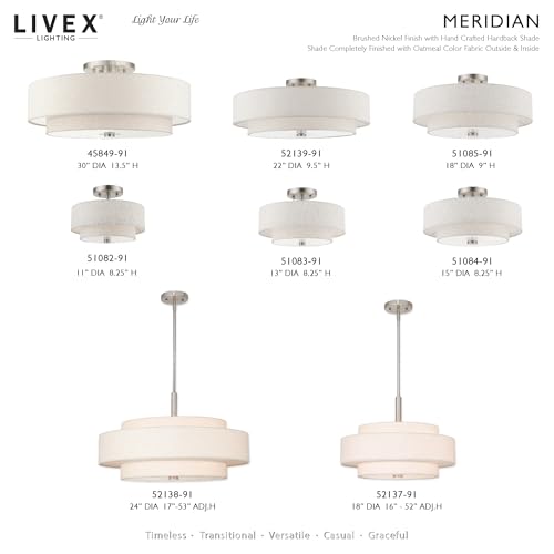Image of Livex Lighting 52138-91 Meridian 5-Light Pendant, Brushed Nickel | Fabric shade design