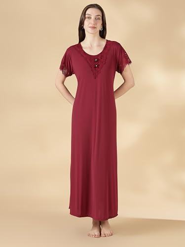 Image of 9shines Label Stylish Soft Modal Maxi Nighty | Honeymoon Nighty | Full Length Trendy Nightgown | V-Neck Lace | Premium Nightdress | Soft Long Nightdress | Maxi Gown Nightwear for Women (Malai Satin)