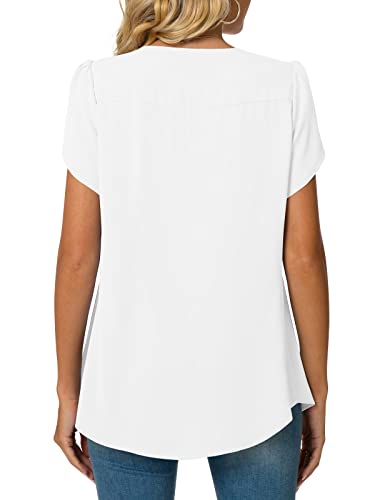 Bestbee Womens Dressy Chiffon Blouses Shirts V Neck Short Sleeve Tunic Tops Summer Casual T-Shirts With Pleated Strech, 2Xl, White #TOP3