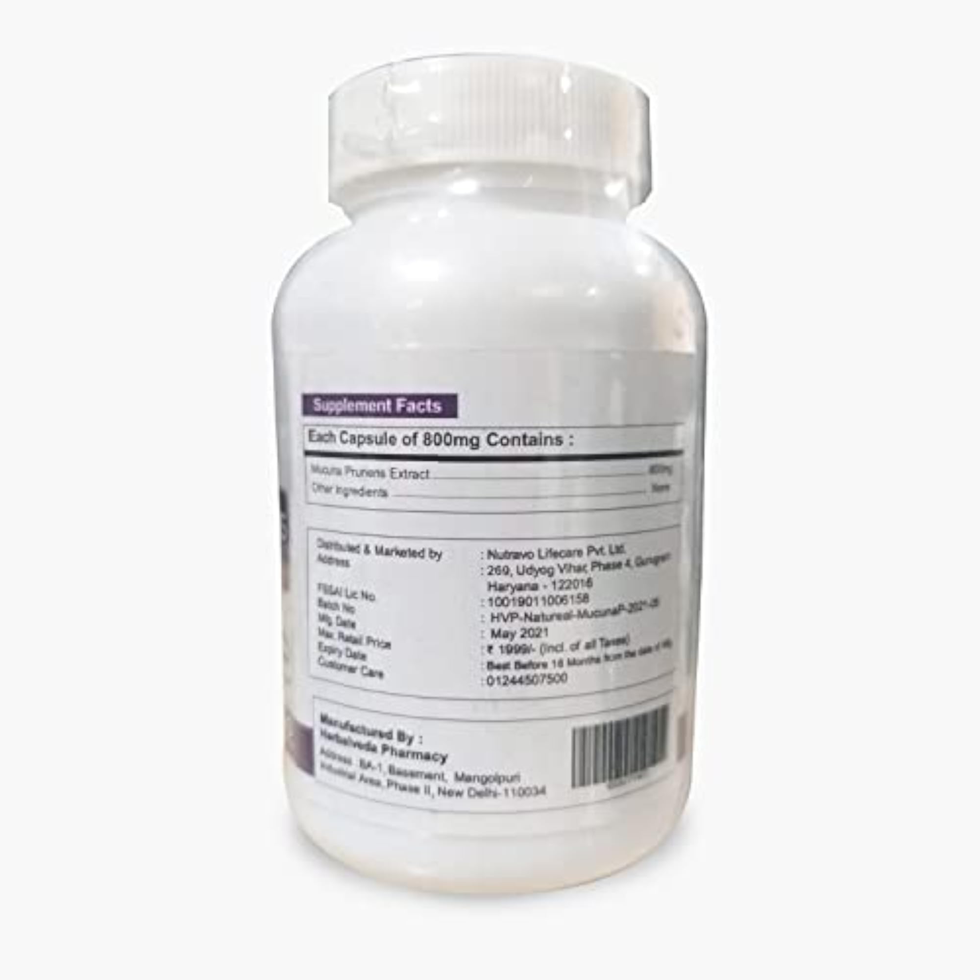 Mucuna Pruriens Kapikachhu Extract, 800mg Capsules, Pack of 3