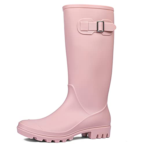 DKSUKO Women's Tall Rain Boots Waterproof Wellington Boots(6 B(M) US, Matte Pink)