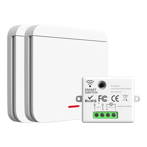 ARCELI Interrupteur Sans Fil RF 433MHz 2200W/10A Kit 2 Switch 1 Récepteur Mural