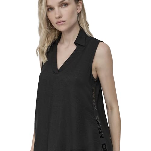 Image of DKNY Women's Sleeveless Collared Neck Logo Taping Above The Knee Dress