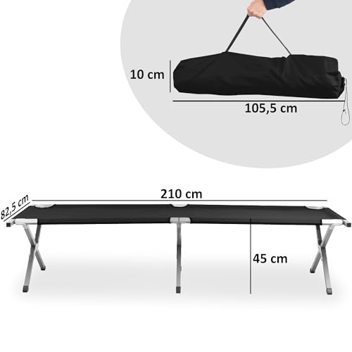 CampFeuer Feldbett | Schwarz | Belastbar bis 200kg | 210 x 82,5 x 45 cm | Campingliege, Sonnenliege, stabile Feldliege, Gartenliege mit Tragetasche, Angelliege, Strandliege, Klappliege, Outdoorliege