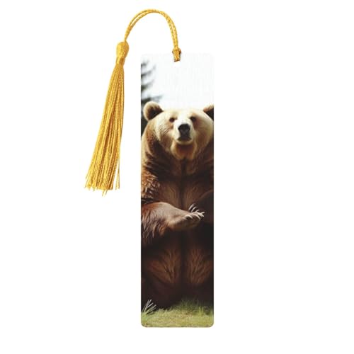 Hi Bear Sit on The Lawnのしおりタッセル付きブックマーク、女性、男性用の木製ブックマーク、ブック愛好家のためのハンドメイドブックマーク、読書ページマーカー木製タグオーナメント、誕生日教師へのギフト。