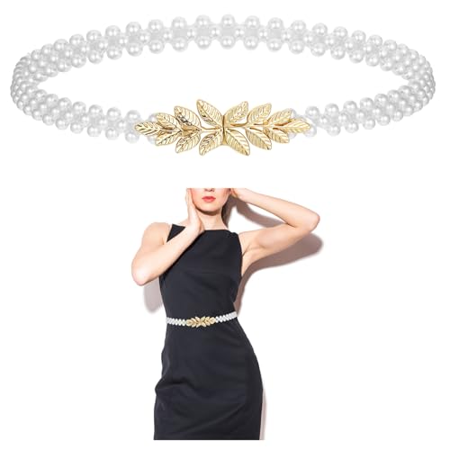 Pearl Elastic Chain Belt, Pearl Stretchy Waist Belt Gold Leaf Waistband for Women Girl Dress Skirt Jeans