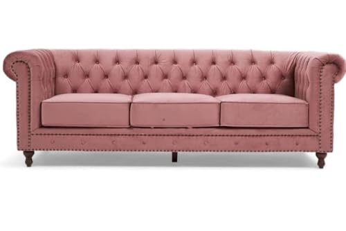 Image of Modern and Stylish 3 Seater Chesterfield Luxury Sofa with Valvet and Fabric Comfortable Sofa for Living Room, Dining Room, Hallway, and Office-(Rose Pink).