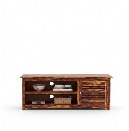 Image of Sheesham Wood Entertainment TV Unit Cabinet with 1 Door and 2 Shelf Storage for Home Living Room Multipurpose Furniture for Hall Office Decor (Honey Teak Finish)