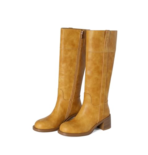 Image of Reitoye Knee High Boots Women Round Toe Chunky Block Heeled Boots Side Zipper Tall Gogo Boots Shoes