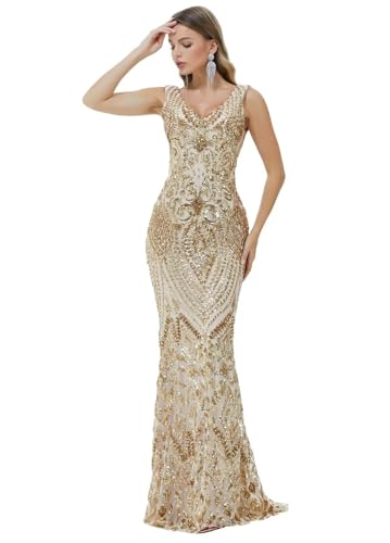 Image of Women's Wedding Bridesmaid Gown Sequined Mermaid V Neck Sleeveless Evening Dress