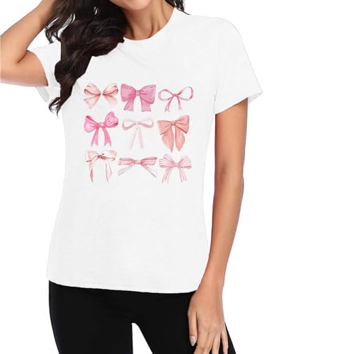 Womens Bow Shirt:Trendy Pink Bow Girly Tee Aesthetic T-Shirt Coquette Aesthetic Tee Tops3