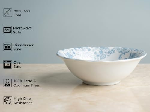 Image of Bodhi House 2-Piece Blue Leaf White Porcelain Serving Bowl Set | Lightweight, Chip Resistant, | Microwave & Dishwasher Safe | Elegant Tableware for Home Dining, Parties, Serving & Gifting Use