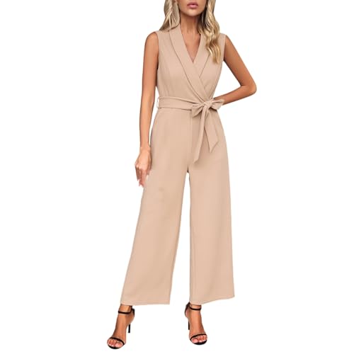 Rrongwn Mono de verano para mujer, monos elegantes para mujer, mameluco de una pieza, sin mangas, traje de pantalón de algodón y lino, con bolsillos, pantalones cómodos de verano, caqui, L