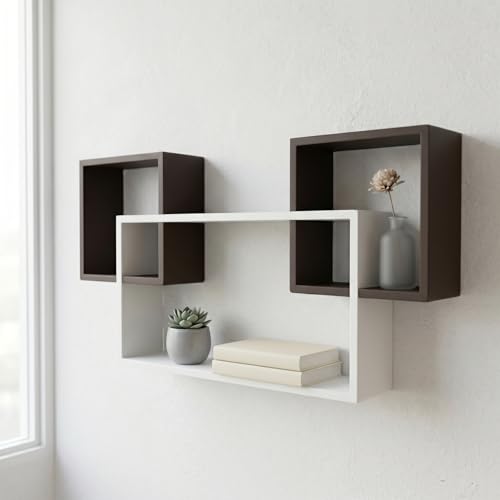 Image of Modern Geometric Floating Wall Shelf - Wall Mounted Decorative Display Shelves for Living Room, Bedroom & Office | Wooden Wall Shelf for Home Decor, Books, Plants & Showpieces (Brown & White)