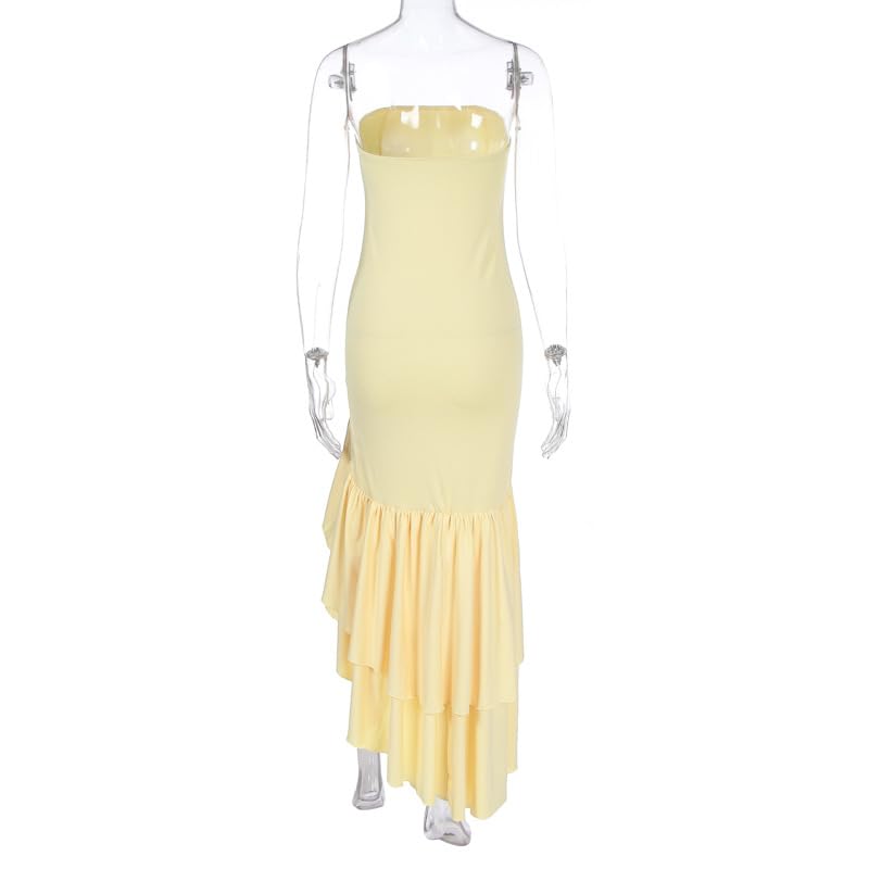 Image of Women's Sexy Strapless Backless High Split Long Maxi Dress Ruched Off Shoulder Sleeveless Bodycon Party Cocktail Dresses
