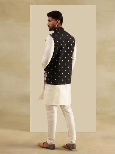 Image of SOJANYA Men's Silk Blend Cream Kurta and Pyjama With Daman Embroidered Nehru Jacket