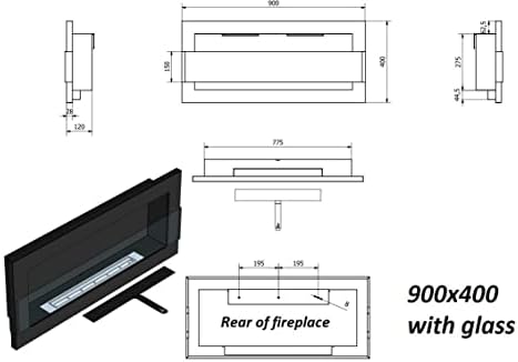 Bio Ethanol Fire BioFire Fireplace Modern 900 x 400 Black with Glass Wall - Mounted Alcohol Fireplace