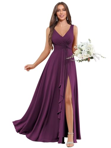 Image of BOLENSYE Bridesmaid Dresses Long Ruched Ruffles Chiffon A Line Evening Party Gown with Pockets Slit