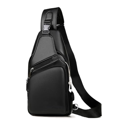 Seoky Rop Men Leather Sling Bag Purse Waterproof Crossbody Chest Bag Sling Backpack with USB Charging Port One Shoulder Bag Black