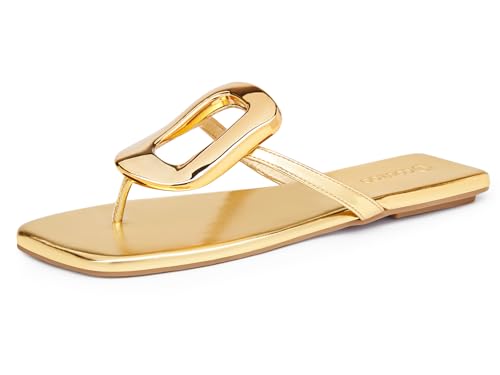 Image of Coutgo Womens Flat Sandals Comfortable Flip Flops Slide Sandals Summer Beach Shoes with Metal Decoration