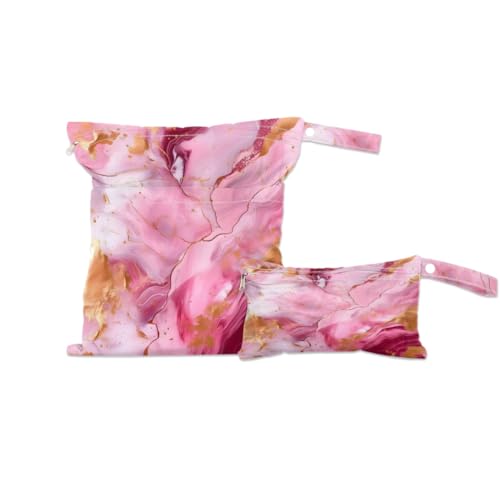 2 Pack Wet Bags for Swimsuits, Abstract Marble Waterproof Washable Dirty Clothes Bag Pink Gold Marble Wet Dry Bag with Zipper Pocket Bathing Suit Workout Bag Wet Swimsuit Bag for Travel Beach