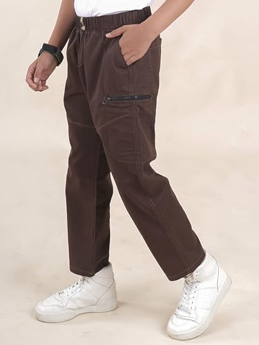 Image of Boys Cotton Elastane Full Length Solid Cargo Pant