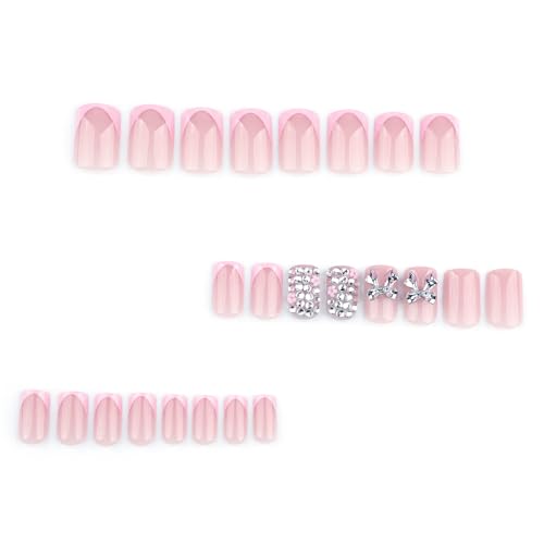 Image of Secret Lives Square False Nails - Metallic 3D Bow Press-On Nails with Rhinestones - Glam Sparkly Nail Tips, Reusable Artificial Nail Set for Women
