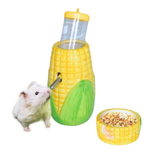 PAWCHEE Corn Ceramic Hamster Water Bottle Stand with Food Bowl Hamster, Gerbil,mice Water Bottles with Holder Water Feeder for Small Animals?Hamster Cage Accessories