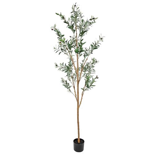 Sunnydaze Fake Olive Tree - 7ft Tall Faux Olive Tree with Pot - Indoor Artificial Plant with Black...