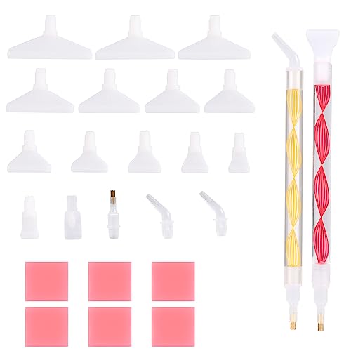 25pcs Diamond Art Painting Pens and Accessories, 5D Diamond Art Pen Ergonomic Point Drill Pen Diamond Art Painting Pens Tools for Round Square Gem, Red, Yellow (2 Pens+17 Pen Tips+6 Glue)