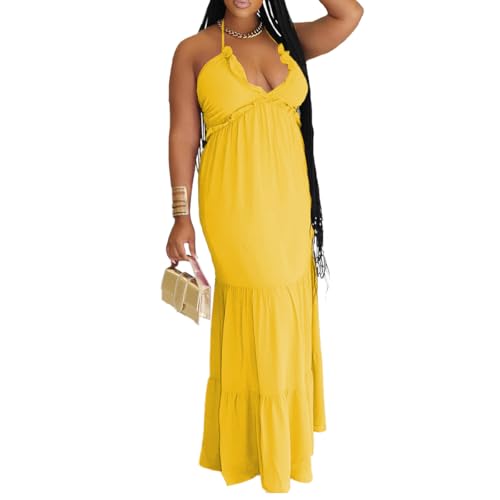 Image of TOPSRANI Womens Sleeveless Maxi Dress Halter Casual Backless Smocked Tiered Ruffle Flowy Sexy Slip Sling Strap Dresses