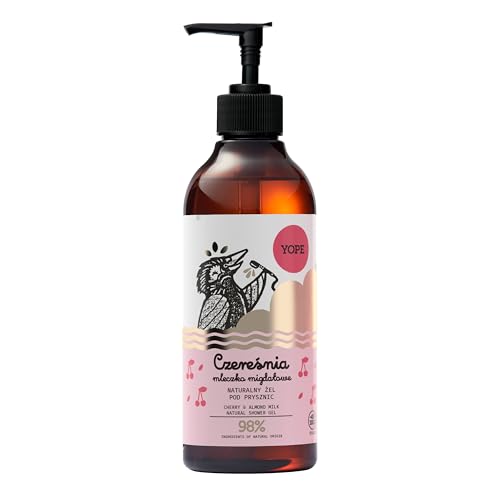 YOPE DUSCHGEL | FEUCHTIGKEITSPFLEGEND, MACHT WEICH, PFLEGT| MANDELMILCH| 98% INHALTSSTOFFE NATÜRLICHEN URSPRUNGS | VEGAN | DUFT: KIRSCHE und MANDELMILCH | 400 ml