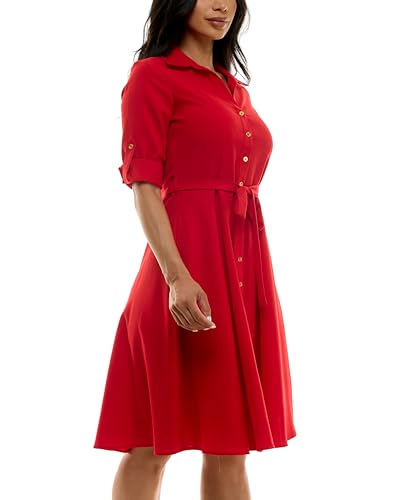 Image of Sharagano Women's Pleated Shirt Dress - 3 /4 Sleeve, V-Neck, Gold Buttons