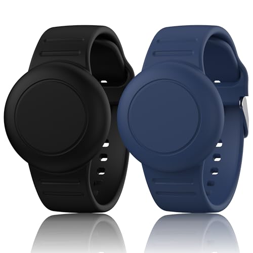 Pack 2 Waterproof Air Tag Bracelets for Kids Compatible with Apple Air Tag Finders with Soft Silicone Anti Lost GPS Item Finders Case Cover for Kids (Black/Midnight Blue)