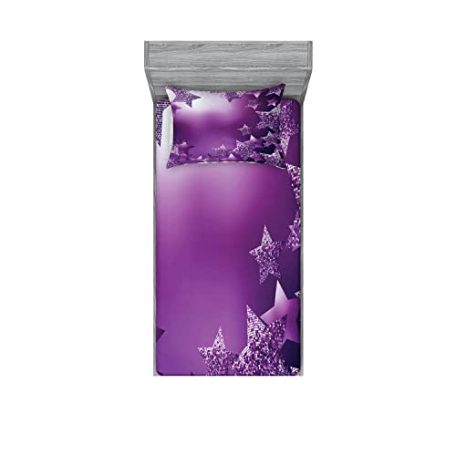 Ambesonne Christmas 2 Pack Fitted Sheet & Pillow Sham Set, Xmas Stars Backdrop, 4 Pcs Bedding Decor, Package Contains 2 Twin Size Fitted Sheets & 2 Pillow Covers, Purple