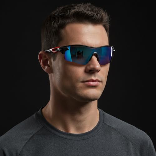 Image of Cycling Goggles for Men & Women | Sports Goggles UV400 Protection | Oversized Sports Sunglasses for Cricket, Running, Driving, Fishing, Hiking & Outdoor Activities (Red : Blue)