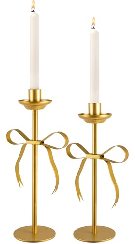 Bow Candle Holder - Gold Candlestick Holder Set of 2 Vintage Metal Taper Candle Stick Holder for Centerpiece Wedding Dining Table Holiday Housewarming Gift
