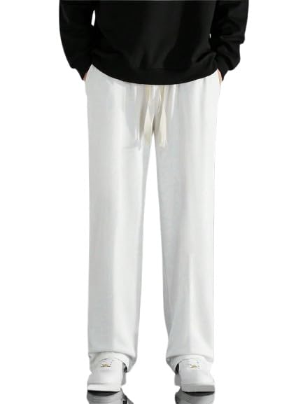 dormitorry Men’s Loose Fit Trousers Baggy Pants for Men Korean Style Wide Leg Casual Track Pants Elastic Waist Comfortable Streetwear Black Bottom Wear Gym Wear Lounge (in, Alpha, L, White)-picture-48