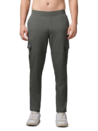 Image of TECHNOSPORT Men's Solid Straight Fit Cargo Pants TS Flexi 6 Pocket Polyester Quick Dry Elasticated Drawstring for Gym Travel Running Workout