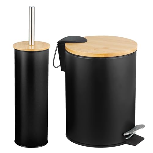 Amig - Set Poubelle et Porte-brosse WC Naturline - Ø168 x 230 mm - Acier et Bambou - Couleur Noire - Ensemble de Salle de Bain Pratique et Tendance - Parfait...
