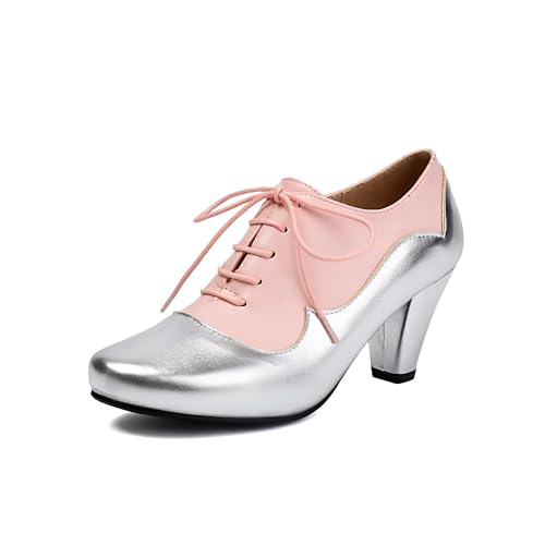 Elerhythm Women's Mary Jane 1920s Pump Heels Oxford Classic and Retro Lace Up Two Tones 1950s Vintage Round Closed Toe 1940s Shoes