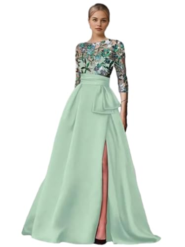 JCZYDHDQD Fashion A-Line Prom Dress 3/4 Length Sleeve Boat Neck Floor Length Satin with Bow Slit Elegant Evening Dress