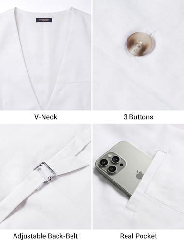 HISDERN Herren Anzugweste Anzug V-Ausschnitt Sommer Leinenweste Casual Hochzeit Elegant Westen Business Party Weste Weiß 2XL