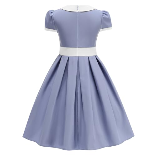 ODIZLI Kids Girls 1950s Retro Vintage Dress Short Puff Sleeve Contrast Panel Swing Party Dresses2