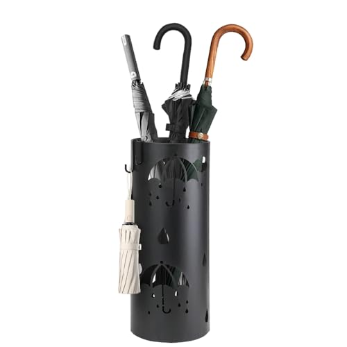 Paragüero de Metal, Soporte de Paraguas, Paraguas Diseño Tallado con 2 Ganchos para Entrada, Pasillo, Oficina Negro 17 x 7 Inch