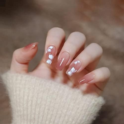 Spring Flower Press on Nails French Pink Petal Design Shiny Fake Nails Full Coverage Acrylic Glue False Nails Nail Decorations for Women Girls 24 Pcs