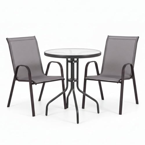 Conjunto Exterior, Mesa 60 cm y 2 Sillas Gris Antracita Classic | Mesa de Acero y Cristal Templado. Sillas de Textileno doble, Transpirables y Apilables. Pintura Anticorrosión. Classic