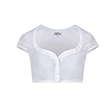 Almbock Dirndlbluse mit Spitze - Dirndlbluse weiß Kurzarm mit Knöpfe und eleganter Webspitze an den kurzen Ärmeln - Dirndlbluse Herzausschnitt 42 - Modell Silka
