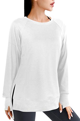 Maintain Vigour Women's Crewneck Sweatshirt Long Sleeve Side Split Pullover Loose Lightweight Tunic Tops with Thumb Holes (White,XX-Large)